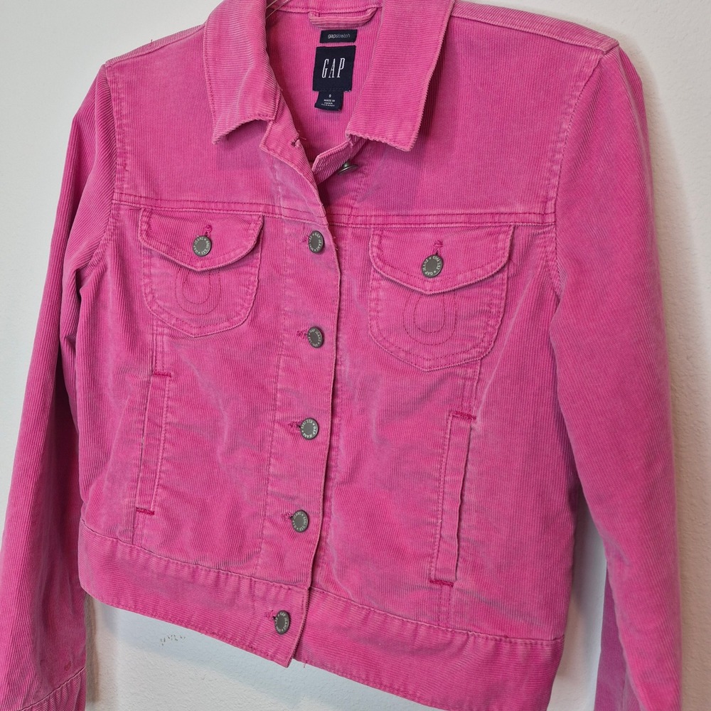 GAP Vintage Hot Pink Corduroy Cropped Trucker Jacket Y2K Barbiecore Pop Color S - Picture 10 of 11